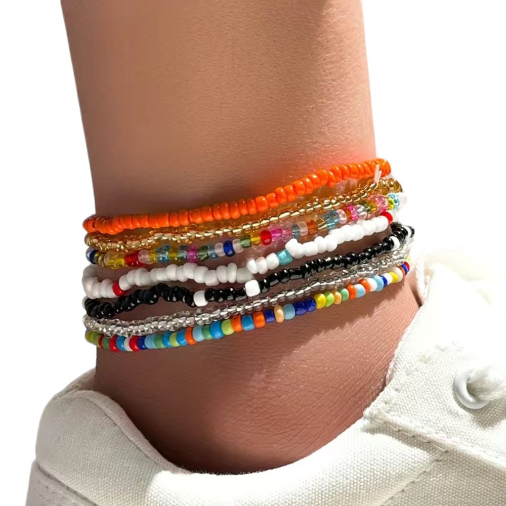 Handmade Boho Style Colorful Beaded Stackable Anklet Set